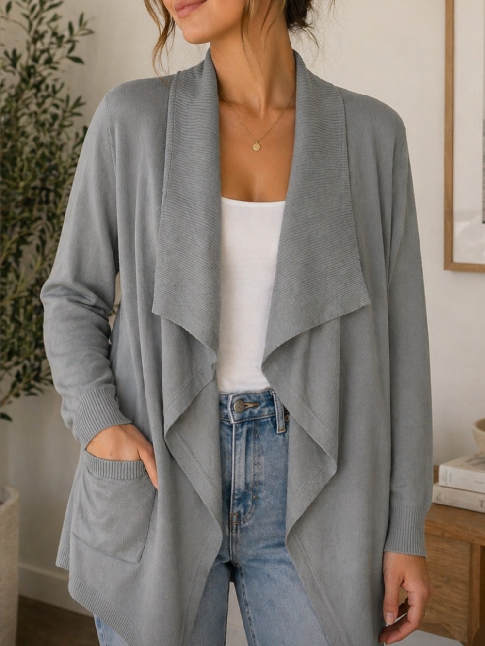 Boden Grey Open-Front Draped Waterfall Women's Cardigan Sweater Size 2